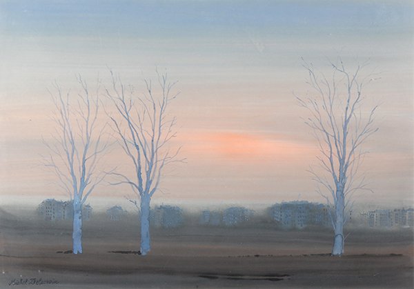 Watercolor, Michel Delacroix: Michel Delacroix (French, b. 1933), Sunset Outside of Paris, circa 1979, gouache on paper, signed lower left, sheet: 13.5"h x 18.75"w, overall: 19.25"h x 25.5"w