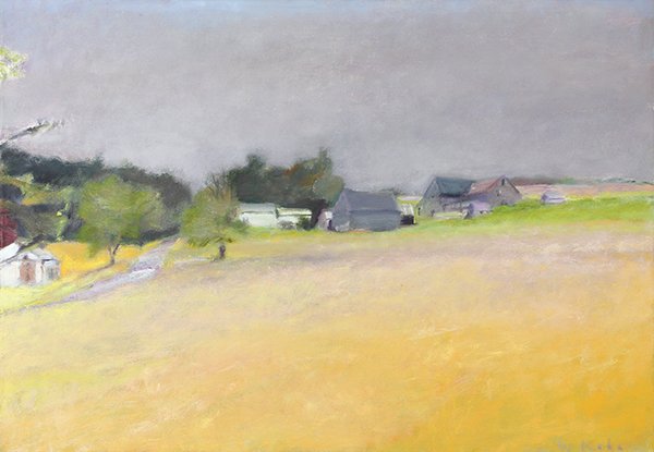 Painting, Wolf Kahn: Wolf Kahn (American/German, b. 1927), "Landscape with a Warm Yellow Background," oil on canvas, signed lower right, titled verso, canvas: 28"h x 40"w, overall (with frame): 29.5"h x 41.25"w. Provenanc