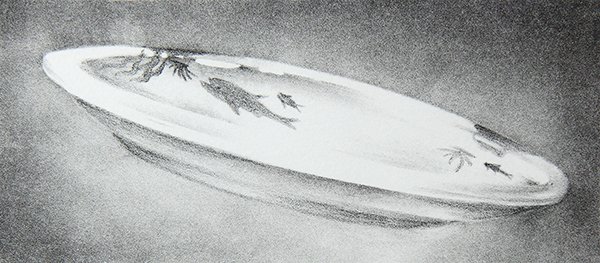Print, Ed Ruscha: Ed Ruscha (American, b. 1937), "Dish," 1973, lithograph, pencil signed and dated lower right, edition 180/250, image: 3.5"h x 8"w, sheet: 10"h x 13.5"w, overall (framed): 12.5"h x 16.5"w