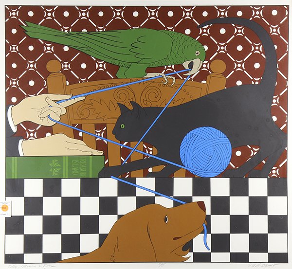 Print, William Barnett: William Barnett (American, 1918-1992), "Polly, Minou, and Eon," serigraph, pencil signed lower right, titled lower left, edition 4/75, gallery label (Lillian Kornbluth Arts, Santa Barbara, California)