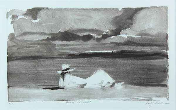 Print, Richard Segalman: Richard Segalman (American, b. 1934), "Dark Clouds," monoprint, pencil signed lower right, edition 1/1, image: 7.5"h x 13"w, sight: 9"h x 14"w, overall: 15.5"h x 20.5"w. Provenance: Estate of Lillian 