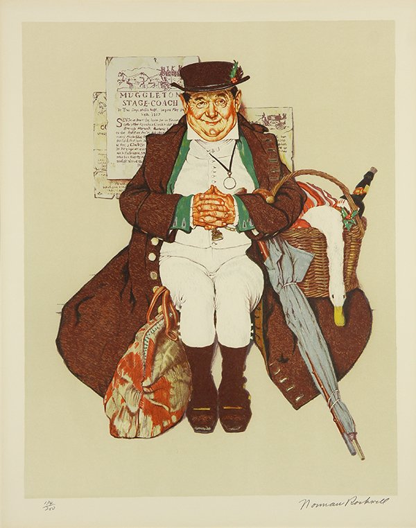Print, Norman Rockwell: Norman Rockwell (American 1894-1978) "Muggleton's Stage-coach" 1976, lithograph in colors, pencil signed lower right, edition 134/200, image: 20.5"h 16"w, overall (framed): 32.5"h x 27.5"w