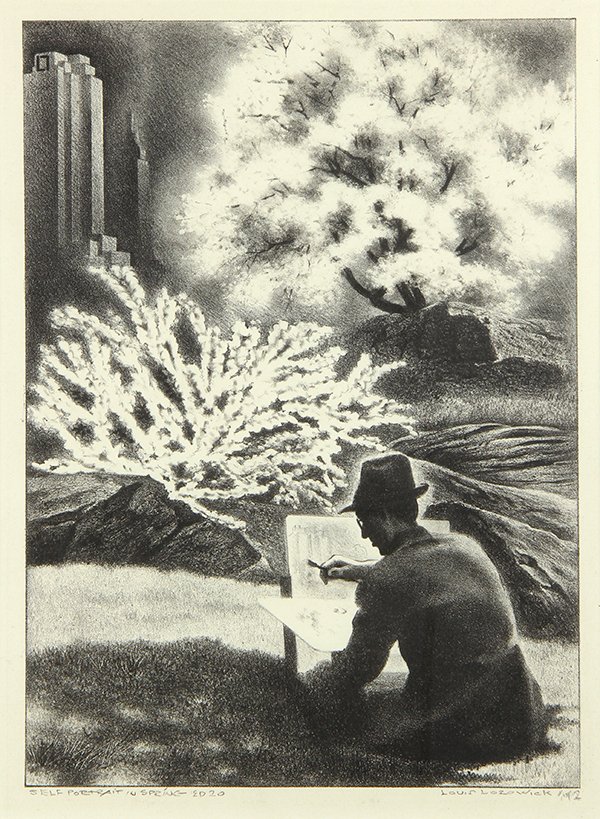 Print, Louis Lozowick: Louis Lozowick (American/Russian, 1892-1973), "Self Portrait in Spring," 1942, lithograph, pencil signed lower right and dated, titled lower left, from an edition of 20, image: 11"h x 8"w, overall (fr