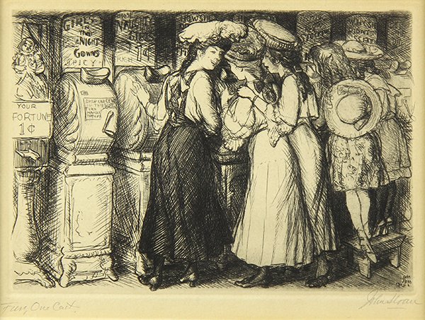 Print, John French Sloan: John French Sloan (American, 1871-1951), "Fun, One Cent," 1905, etching, pencil signed lower right, plate signed and dated lower right, titled lower left, image: 5"h x 6.75"w, overall (framed): 12.5"h