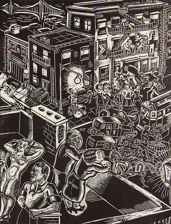 Print, Arthur Zaidenberg: Arthur Zaidenberg (American, 1908 - 1990), "Street Scene," 1937, linoleum cut on paper, pencil signed lower right, titled lower center, stamped "Federal Art Project, NYC, WPA," lower left, image: 10.5