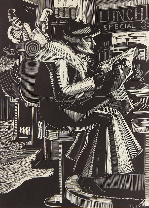 Print, Minnie Lois Murphy: Minnie Lois Murphy (American, 1901-1962), "Lunch Counter," c. 1938, woodcut, pencil signed lower right, plate signed lower right, titled lower center, stamped, "Federal Art Project, NYC, WPA," lower l