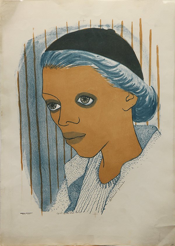 Print, Blanche Grambs: Blanche Grambs (American,1916 - 2010 ) "Girl with Blue Hair," 1935-1943, lithograph in colors, pencil signed lower right, titled lower center, stamped, "Federal Art Project, NYC, WPA," lower left, ima