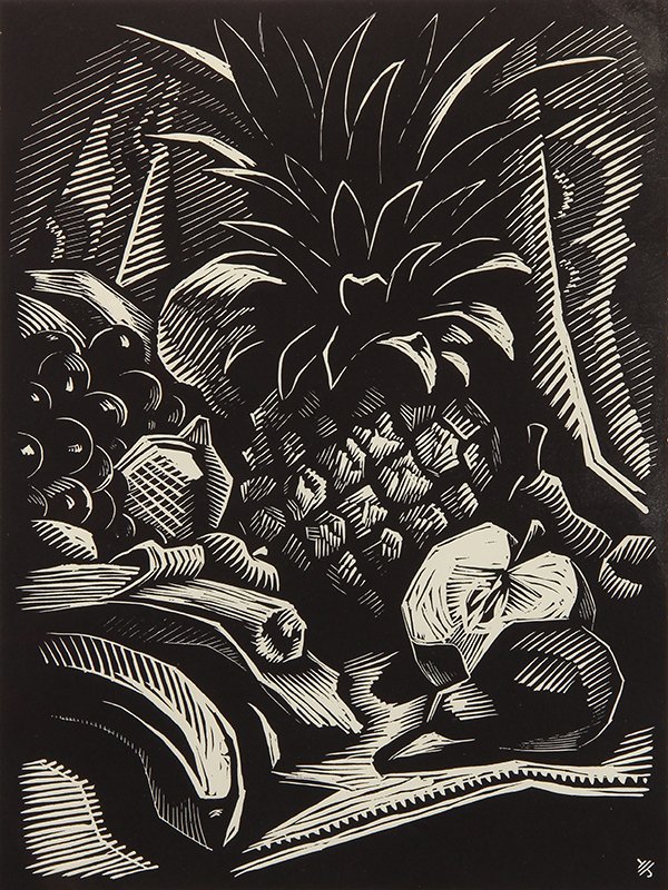 Print, Eli Jacobi: Eli Jacobi (American, 1898-1984), "Bananas, etc." woodcut, pencil signed lower right, plate initialed lower right, titled lower center, stamped, "Federal Art Project, NYC, WPA," lower left, image: 12"