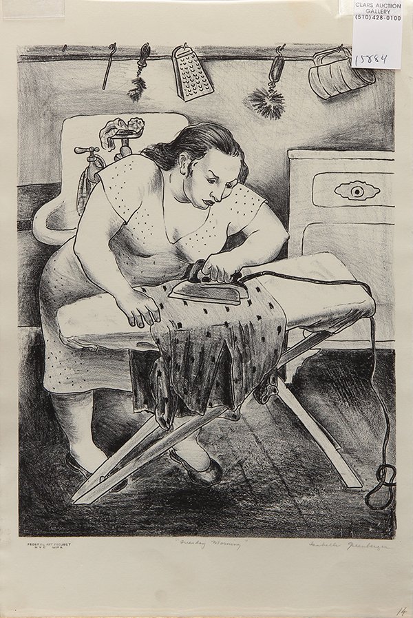 Print, Isabelle Greenberger: Isabelle Greenberger (American, b. 1911), "Tuesday Morning," lithograph, pencil signed lower right, titled lower center, stamped, "Federal Art Project, NYC, WPA," lower left, image: 12.5"h x 9.5"w, sh