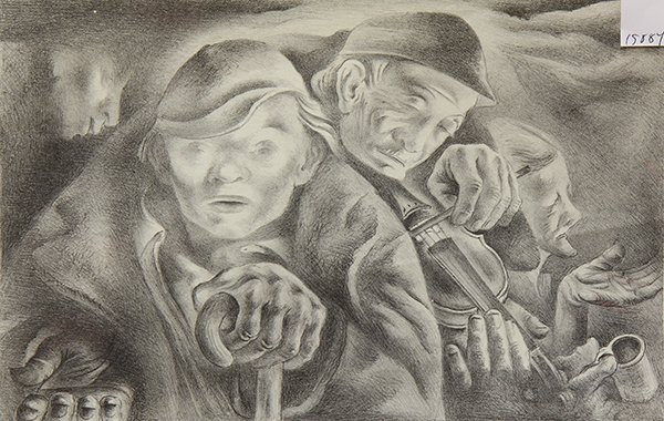 Print, Joseph Vavak: Joseph Vavak (American, 1899 - 1969), "Give!" 1940, lithograph, pencil signed lower right, titled lower left, published by the WPA, image: 8.5"h x 13"w, sheet: 111.5"h x 15"w. Provenance: From the pri