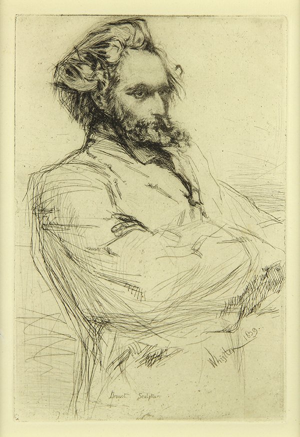 Print, James Abbott McNeill Whistler: James Abbott McNeill Whistler (American, 1834-1903), C. L. Drouet, Sculptor, 1859, etching and drypoint, plate signed lower right, titled within plate lower center, image: 9"h x 6"w, overall (framed):