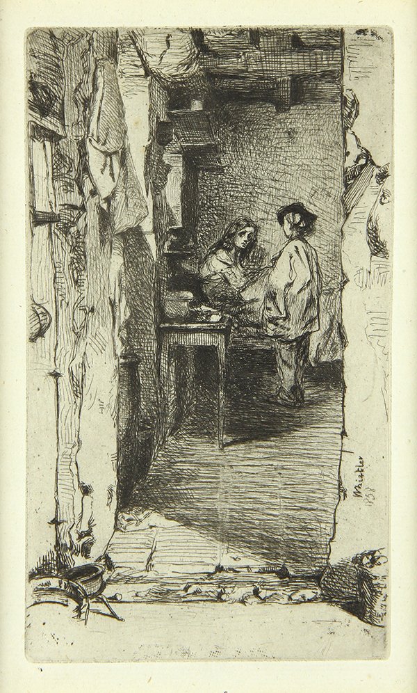 Print, James Abbott McNeill Whistler: James Abbott McNeill Whistler (American, 1834-1903), "The Rag Gatherers," 1857, etching, plate signed and dated lower right, MacDonald's fifth state (of 5), image: 6"h x 3.5"w, overall (framed): 19.5"