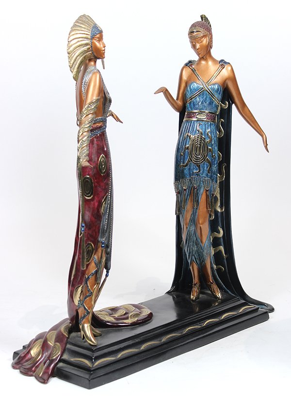 Sculpture by Erte: Romain (Erte) De Tirtoff (French/Russian, 1892-1990), "Two Vamps," 1990, polychrome bronze sculpture, signed center base, edition 449/500, foundry: Seven Arts Ltd., (London), overall: 18.5"h x 18"w x