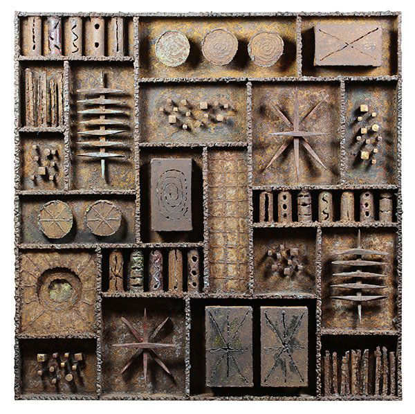 Welded steel sculpture, Paul Evans, 1966: Paul Evans (American, 1931-1987), Untitled, 1966, welded steel sculpture, signed and dated under bottom edge, overall: 30"h x 30"w x 3.5"d