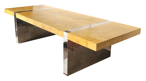 (lot of 11) Paul Evans "Cityscape" dining table: (lot of 11) Paul Evans "Cityscape" dining table, the top in olive burl, above a chrome-plated steel base; together with ten armchairs, each having a navy upholstered seat and back, and rising on a chr