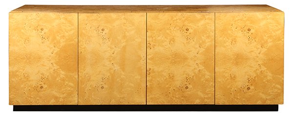 Paul Evans credenza: Paul Evans credenza, executed in olive burl, having a rectangular top, above the four door case, 28"h x 74"w x 19.5"d