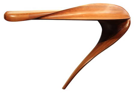 Michael Coffey "Heron Table 1" foyer table, executed in: Michael Coffey "Heron Table 1" foyer table, executed in walnut, having a curvilinear top surmounting a single drawer, opening to reveal another concealed compartment behind the drawer, having a single