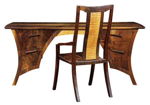 (lot of 2) Meier Brothers: (lot of 2) Meier Brothers, Aptos, CA, executive desk, having a rectangular top executed in fiddleback walnut on a black walnut frame, with fiddleback maple accents, the four drawer case with slatted s