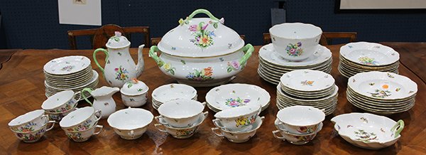 (lot of 67) Herend hand painted porcelain partial: (lot of 67) Herend hand painted porcelain partial assembled dinner service, in various patterns comprising: Queen Victoria, Rothschild Bird, and floral decoration, including (8) dinner plates, 10.25"d