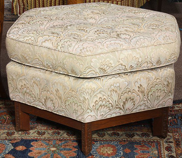 Pair of Frank Lloyd Wright for Heritage Henredon: Pair of Frank Lloyd Wright for Heritage Henredon hexagonal ottomans, each having a tufted upholstered seat, and rising on geometric Taliesin design legs, each: 16"h x 30"dia. Provenance: Property fro