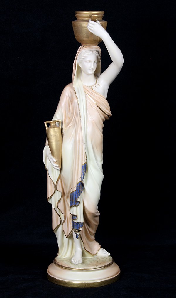 Royal Worcester porcelain figure of a Classical style: Royal Worcester porcelain figure of a Classical style lady, depicted carrying gilt decorated urns, and rising on a circular base, marked to underside: 20.5"h. Provenance: Property from the collection
