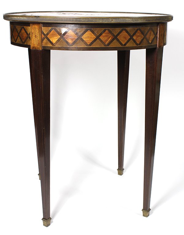 French Neoclassical style parquetry inlaid tea table,: French Neoclassical style parquetry inlaid tea table, the top with square inlay, above the single drawer case and rising on tapered legs 28"h x 23.5"dia.