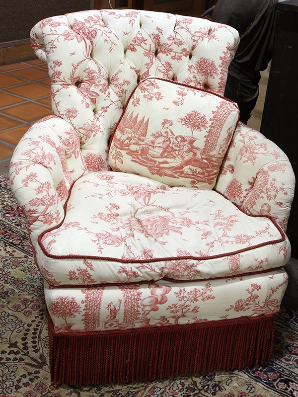 Louis XV style bergere, circa 1890, the tufted back: Louis XV style bergere, circa 1890, the tufted back continuing to the downswept arms, the whole covered in toile fabric, and rising on turned legs terminating on casters, 36.5"h x 34"w. Provenance: Fr