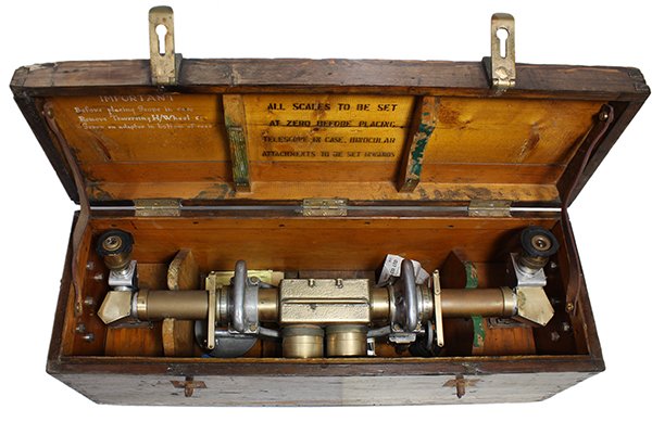 WWII era English anti-aircraft binocular telescope,: WWII era English anti-aircraft binocular telescope, circa 1939, having Ross lenses, housed in a fitted case, case: 13"h x 34.5"w x 11.5"d
