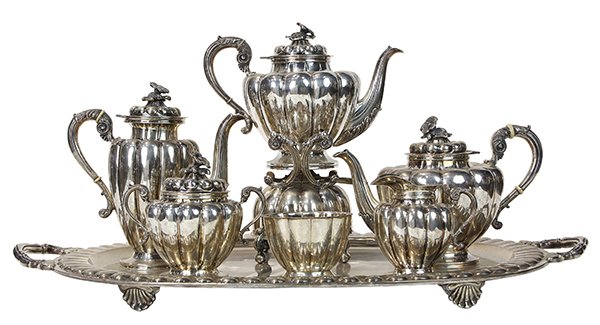 Mexican sterling silver seven piece hot beverage: (lot of 7) Mexican sterling silver seven piece hot beverage service, by Sanborns, Mexico City, consisting of a coffee pot, teapot, tea kettle on stand with warmer, covered sugar basin, cream pitcher, 