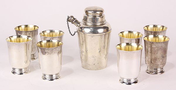 Reed & Barton and International sterling silver: (lot of 9) Reed & Barton sterling silver cocktail shaker, 1956, 5.25"h; together with eight International Silver Company "Royal Danish" pattern pedestal cordials, each with a gilt washed interior and