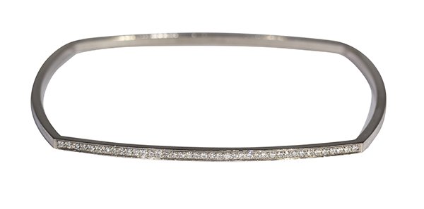 Tiffany & Co. Frank Gehry diamond and 18k white gold: Tiffany & Co. Frank Gehry diamond and 18k white gold bangle bracelet set with (40) full cut diamonds, weighing in total approximately 0.40 ct., set in an 18k white gold square bangle, signed Tiffany &