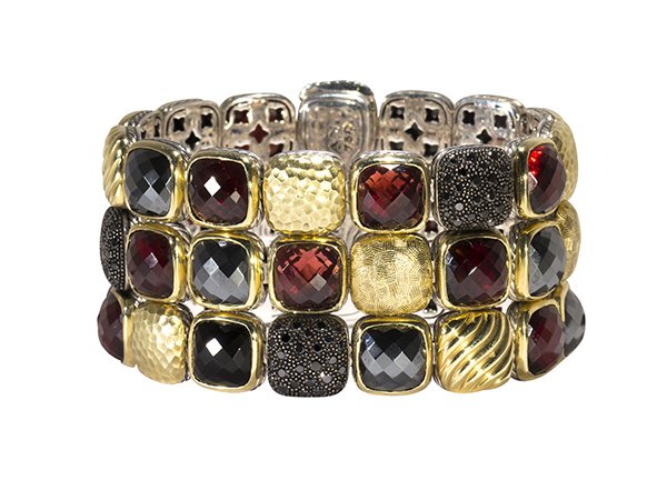 David Yurman garnet, black diamond and hematite: David Yurman garnet, black diamond and hematite bracelet set with fancy cushion shaped garnets, numerous black diamonds, faceted hematite and faceted black onyx, set in a three-row, 18k yellow gold an