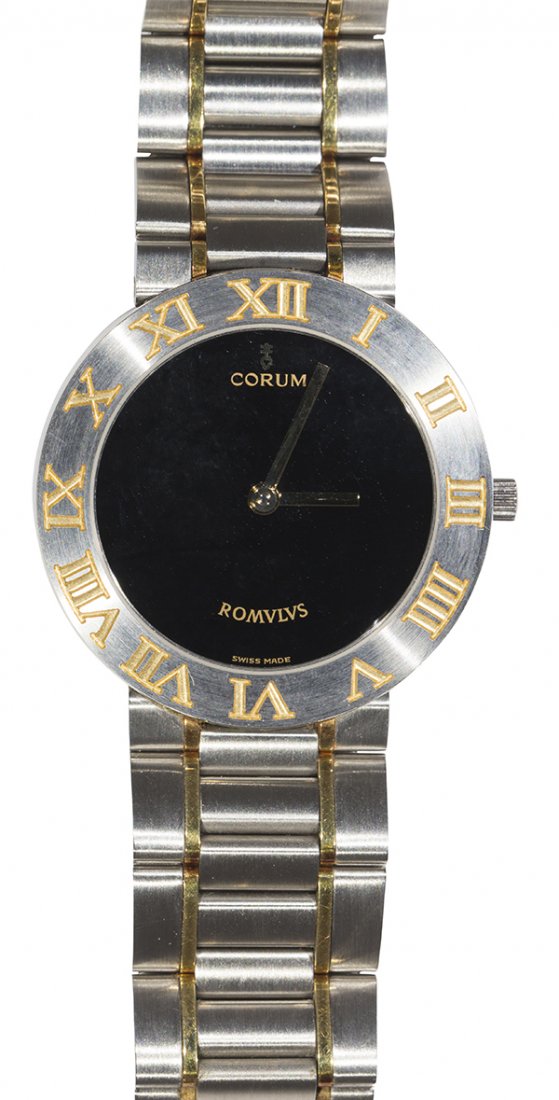 Corum Romvlvs stainless steel and 18k yellow gold: Corum Romvlvs stainless steel and 18k yellow gold wristwatch Dial: black, marked Corum Romvlvs Movement: quartz by Corum Case: round, 31 mm, Roman numeral bezel, 43.903.21 583159, 6 screws on back, sa