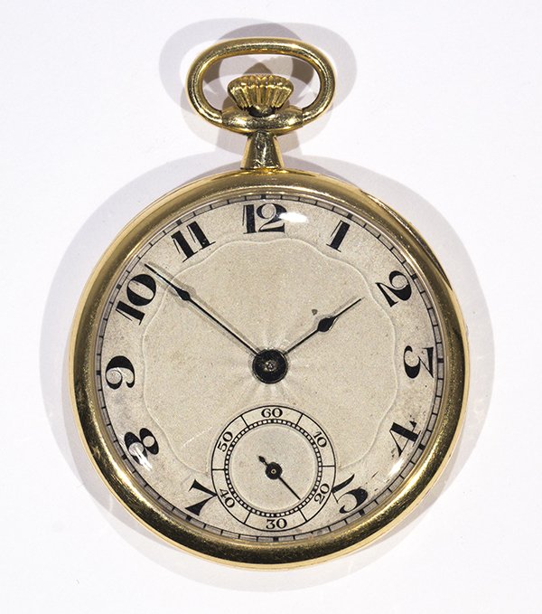 Audemars Piguet & Co. 18k yellow gold open face pocket: Audemars Piguet & Co. 18k yellow gold open face pocket watch, circa 1935 Dial: silvered, guilloche', enameled Arabic numerals, subsidiary seconds dial Movement: 17 lignes, thin design, Audemars Piguet