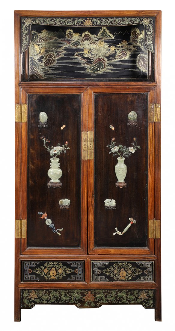 Chinese Stone Inlaid Lacquer Cabinet: Chinese polychrome lacquered cabinet with stone overlay, the upper section with an open shelf painted with a villa along a river on the black lacquer ground, above a pair of hinged double doors inset