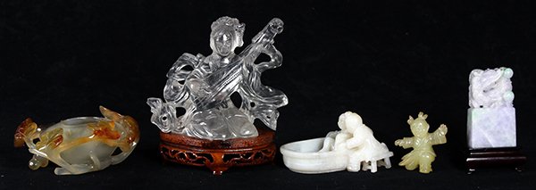 Chinese Rock Crystal, Agate, Jadeite Carvings: (lot of 5) Chinese hardstone carvings, consisting of an agate brush washer surrounded by leafy scrolls; a white agate group of a woman bathing a child and a joyous child on one knee; a jadeite seal wi