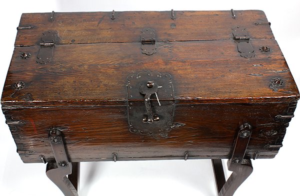 Korean Coin Chest: Korean ton-kwe coin chest on wood stand with four supports, probably zelkova wood with clear lacquer, iron fixture and lock, chest: 11.5"h (24"h with stand) x 31"l x 15.25d