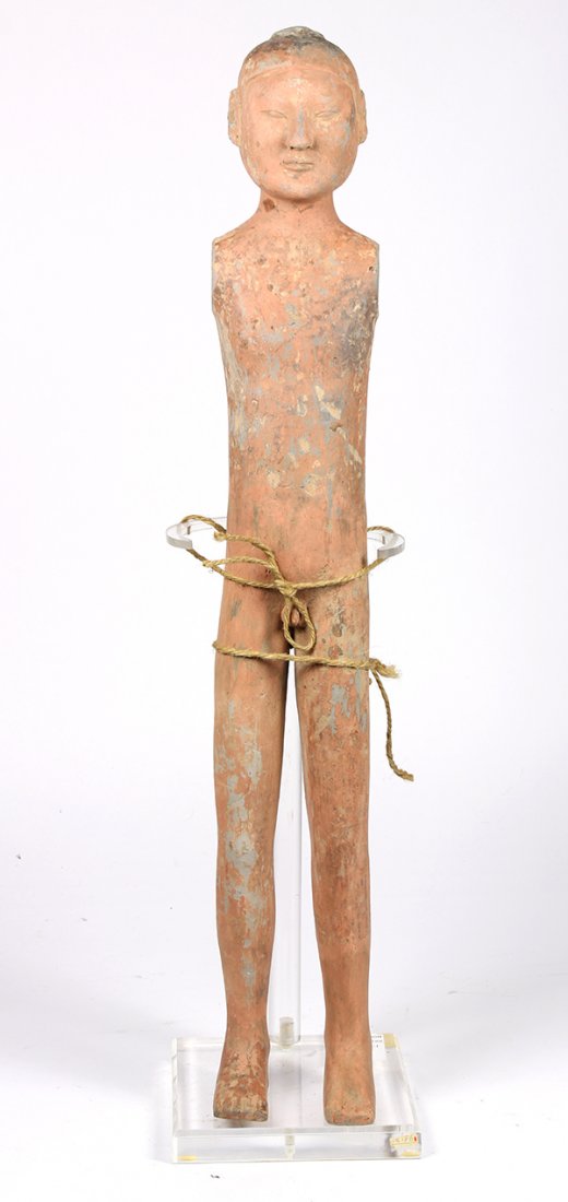 Chinese Han-style Pottery Figure: Chinese Han-style terracotta figure, the armless male figure with a long body and slender legs, 23" high; Provenance: Estate of Dr. Graeme Hanson, San Francisco, CA; previously accquired from C.C. Lai