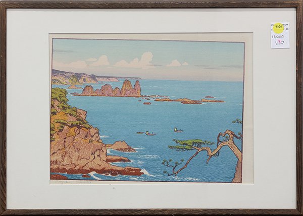 Japanese Woodblock Print, Yoshida Toshi: Yoshida Toshi (Japanese, 1911-1995), 'Irozaki, evening', woodblock print, lower margin with title and signature in pencil, left margin with title 'Izu, Iro Misaki' in Japanese, dated Showa 36 (=1961),