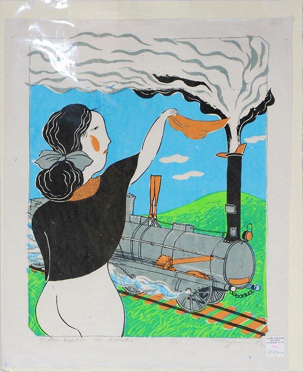 Japanese Modern Print, Oda mayumi: Oda Mayumi (Japanese, b. 1941), 'Victorian Invention - the Locomotive', silkscreen on rice paper, lower margin with the signature, title, numbered 6/30, print: approix. 25.75"h x 19.12"w