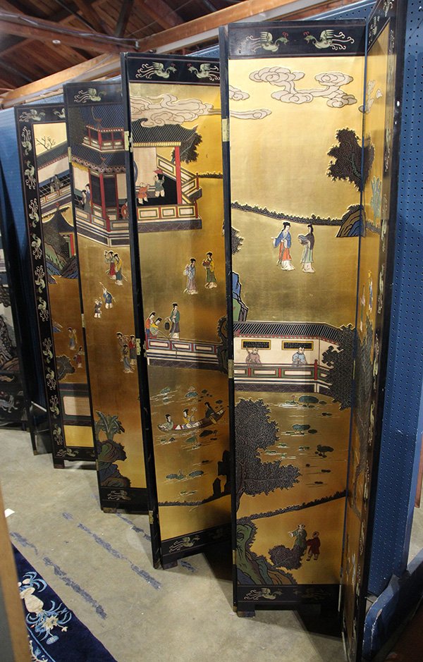 Chinese Eight Panel Gilt Screen: Chinese eight panel Coromandel screen, with beauties and children playing in a garden on a gilt ground, reversed with flowers, 95.5"h × 18"w. Provenance: Property from the collection of Trotter’s