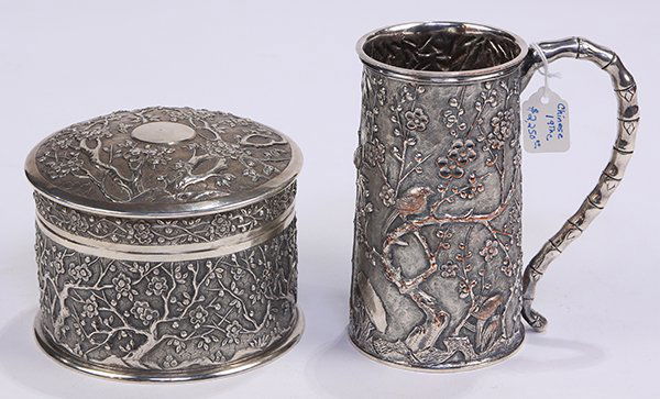 (lot of 2) Chinese Export silver consisting of a: (lot of 2) Chinese Export silver consisting of a circular covered box having a finely hammered ground detailed with repousse cherry blossoms, by Luen Wo, Shanghai, late 19th/early 20th century, 3"h x