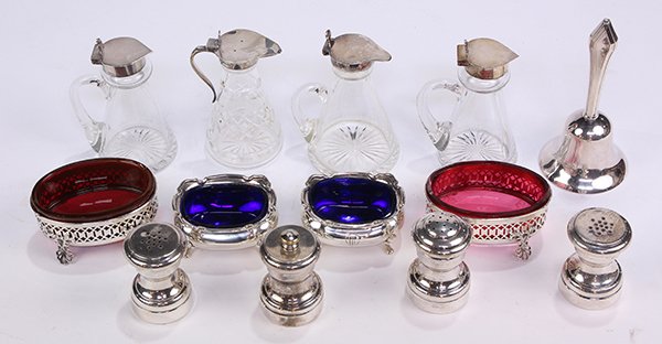 American and English sterling table articles: (lot of 13) American and English table articles consisting of four sterling mounted crystal syrup pitchers with a pair by Deakin & Francis Ltd., London; pair of Georgian style salts with cobalt glass 