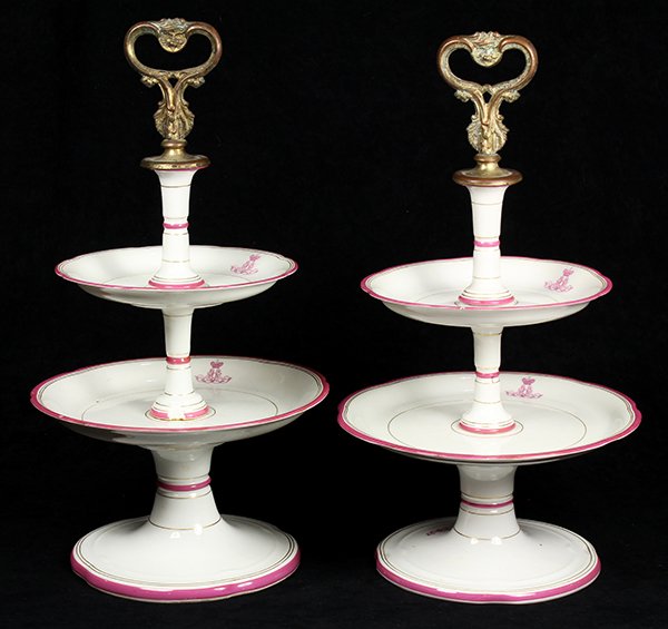 Pair of Russian porcelain tiered pastry stands by the: Pair of Russian porcelain tiered pastry stands by the Kornilov Brothers, St. Petersberg, 19th century, having a possibly Imperial crowned M monogram (Grand Duke Michael (1832-1909), below the shaped r