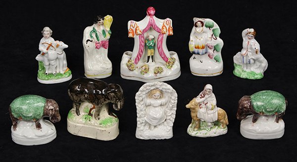 (lot of 10) Miniature Staffordshire figures: (lot of 10) Miniature Staffordshire figures, consisting of a quill holder in the form of a British soldier standing in a tent, a pair of pearlware figures of a man and woman, a figure of a young girl