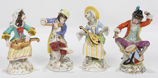 (lot of 4) Dresden porcelain monkey band, circa 1900,: (lot of 4) Dresden porcelain monkey band, circa 1900, having a flautist, a drummer, a fiddle player and a mandolin player, each dressed in 18th century attire, having blue underglaze SP Dresden mark, 