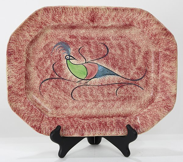 Red Spatter peafowl serving tray, late 18th century,: Red Spatter peafowl serving tray, late 18th century, having a three color peafowl on a mottled red ground, 10"h x 14"w. Provenance: Property from the collection of Trotter's Antiques, Pacific Grove CA