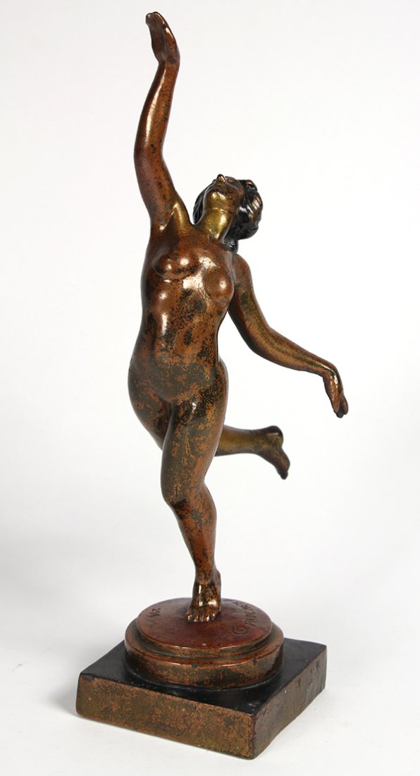 Nude dancer sculpture after Paul Herzel: Nude dancer sculpture after Paul Herzel, executed in patinated metal, depicting a beauty reaching for the sky, rising on a circular base, resting on a square plinth, marked copyright Paul Herzel and 2