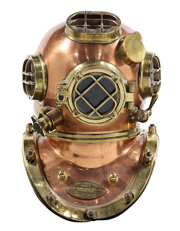 World War II style reproduction diving helmet, executed: World War II style reproduction diving helmet, executed in copper and brass with glass ports, having plaque inscribed "US Navy Diving Helmet Mark V, Morse Diving Equipment Company, Boston Mass, Date: 