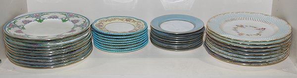(lot of 33) Continental porcelain salad and bread: (lot of 33) Continental porcelain salad and bread plates, including (7) Minton salad plates (one having a large crack) having a gilt and blue jeweled border centering floral sprays; (10) additional Mi